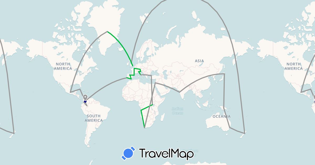 TravelMap itinerary: driving, bus, plane in Angola, Australia, Colombia, Cuba, Germany, Spain, France, United Kingdom, Greenland, Israel, India, Italy, Japan, Mexico, New Zealand, Papua New Guinea, Portugal, Turkey, Uganda, South Africa (Africa, Asia, Europe, North America, Oceania, South America)