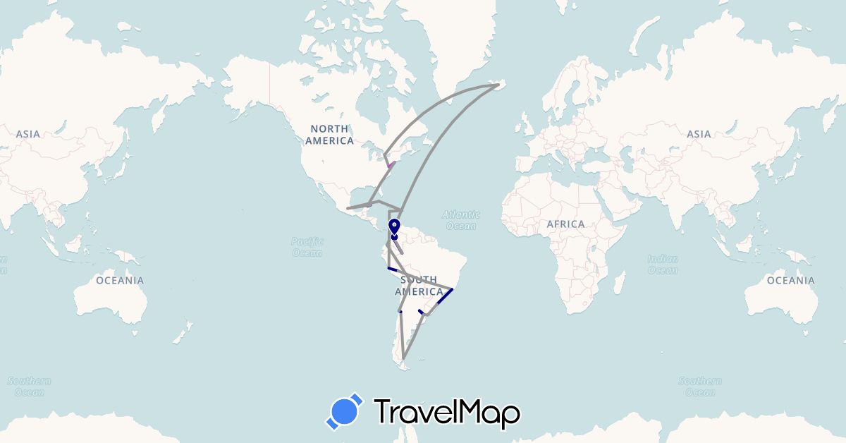 TravelMap itinerary: driving, plane, train in Argentina, Bolivia, Brazil, Canada, Chile, Colombia, Cuba, Dominican Republic, Ecuador, Iceland, Jamaica, Mexico, Peru, United States, Uruguay (Europe, North America, South America)